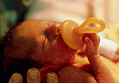 Hand supports a premature baby sucking on a dummy