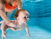 Baby swimming with its mother