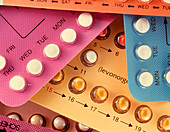 Assorted contraceptive pills in their packaging