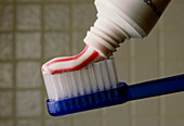 Striped toothpaste squeezed from tube on to brush
