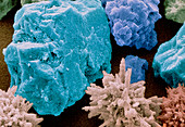Coloured SEM of crystals of toothpaste abrasive