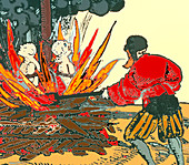 Artwork of medieval plague-spreaders being burnt
