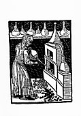 Woodcut of a still used to make medicinal spirits