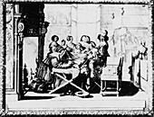 Historical engraving of a woman giving birth