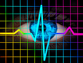 Computer artwork of heartbeat ECG and human eye
