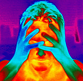 Thermogram of a man's head and hands