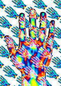 Computer-graphic of human hands mapped with colour