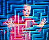 Abstract image of man in an electronic maze