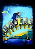 Abstract artwork of a man examining a spine