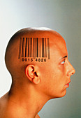 Consumer society: bar code printed on woman's head