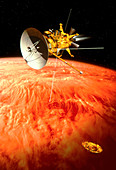 Artwork of Cassini with Huygens probe descending