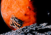 Astronaut in personal spacecraft over Phobos