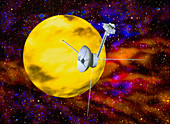 Computer art of Voyager spacecraft passing planet