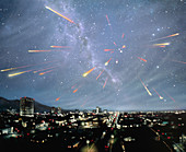 Artwork of meteor shower over a city