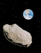 Artwork depicting Asteroid Eros heading for Earth