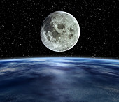 Computer artwork of full Moon over Earth's limb
