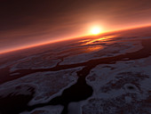Sunset over water on Mars