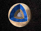Computer art of Ganymede cut away to show interior