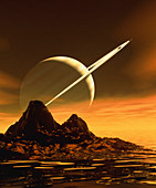 Computer artwork of Titan's surface and Saturn