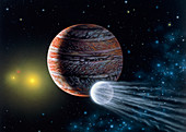 Artwork of the planet of star 16 Cygni B & a moon