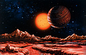 Artwork of planet Gliese 876b and star from a moon