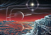 Icy moon of ringed alien planet,artwork
