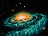 Spiral galaxy with orbiting globular clusters