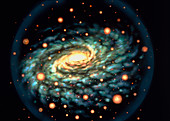 Artwork of a spiral galaxy and globular clusters