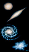 Artwork of four common types of galaxy
