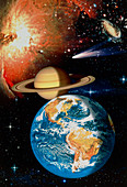 Artwork depicting universe: Earth,Saturn,Nebula