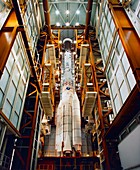 View of the first Ariane 4 rocket during roll-out