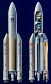 Overall view and cut-away of the Ariane 5 launcher