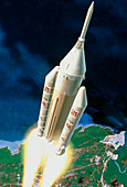 Artist's impression of the launch of an Ariane 5