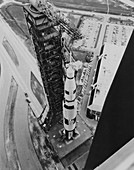 Apollo 500-F Saturn V rocket on a crawler vehicle