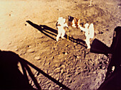 Apollo 11 photo showing placing of US flag on moon