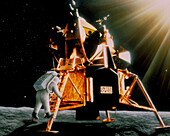 Artwork of Armstrong descending Lunar Module steps