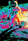 False-colour photo of Buzz Aldrin walking on moon