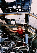 Millie Hughes-Fulford floating in SLS-1 lab