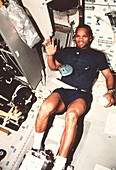 Shuttle astronaut exercising