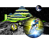 Computer artwork of men cycling from a Moon base