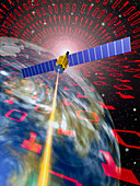 Computer art of communication satellite over Earth