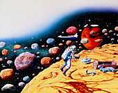 Artwork of astronauts mining asteroids