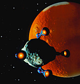Asteroid being moved past the planet Mars