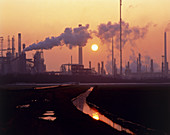 Sunset view of an oil refinery