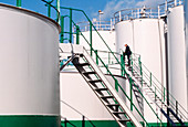 Worker inspecting an oil storage tank