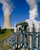 Pipes & cooling tower at geothermal power station
