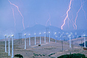 Lightning over wind turbines,Barstow,California