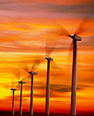 Computer graphic of wind farm at sunset
