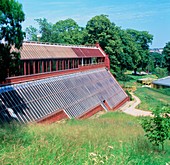 Solar panels on roof of Torbay Hospital,Devon,UK