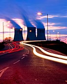 Didcot cooling towers with car light trails